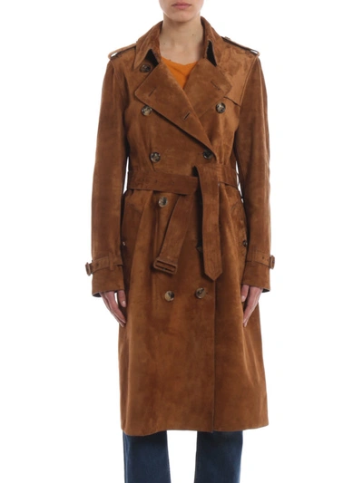 Shop Burberry Haddington Suede Trench Coat In Brown