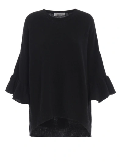 Shop Valentino Frill Sleeve Cashmere Blend Sweater In Black