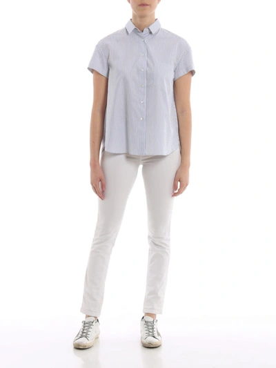 Shop Aspesi Striped Cotton Shirt With Pleated Back In Light Blue