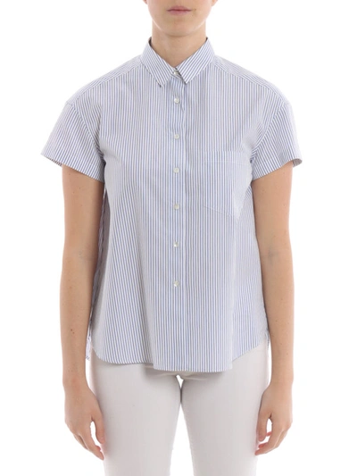 Shop Aspesi Striped Cotton Shirt With Pleated Back In Light Blue