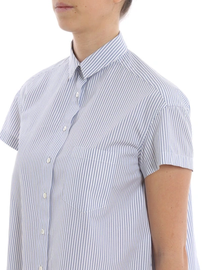 Shop Aspesi Striped Cotton Shirt With Pleated Back In Light Blue