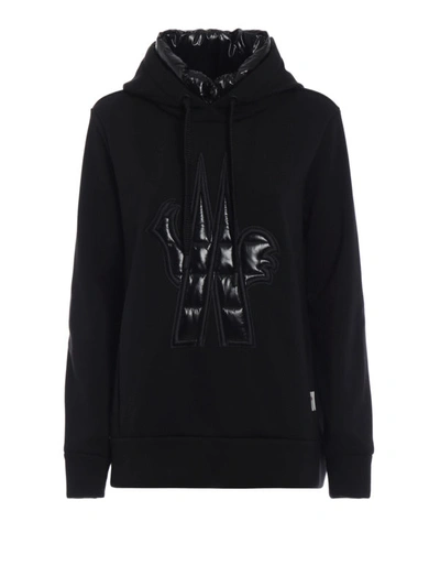 Shop Moncler Black Flared Hoodie With Logo Patch