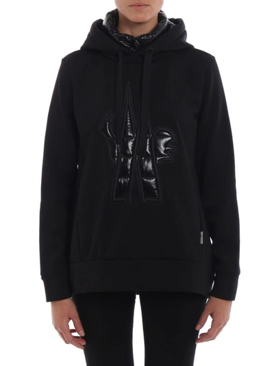 Shop Moncler Black Flared Hoodie With Logo Patch