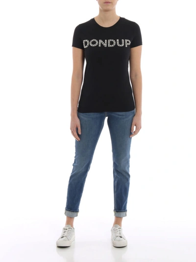 Shop Dondup Pearl Embellished Logo Black Cotton T-shirt