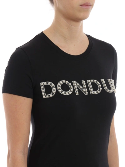 Shop Dondup Pearl Embellished Logo Black Cotton T-shirt