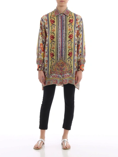 Shop Etro Flower Print Silk Blend Oversized Shirt In Multicolour