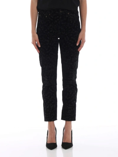 Shop Saint Laurent Leopard Velvet Five Pocket Skinny Pants In Black