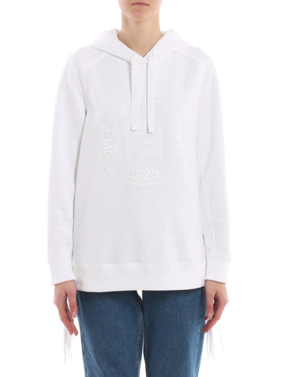 Shop Fendi Fringe Embellished Cotton Logo Hoodie In White