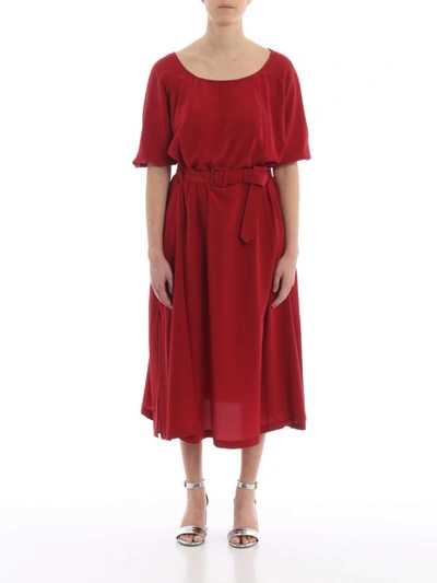 Shop Aspesi Belted Pure Silk Loose Fit Dress In Red