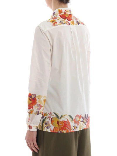 Shop Etro Flower Print White Stretch Cotton Shirt