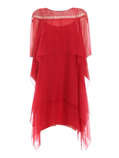 Shop Alberta Ferretti Red Flounced Chiffon And Lace Dress
