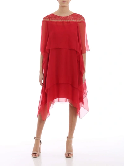 Shop Alberta Ferretti Red Flounced Chiffon And Lace Dress