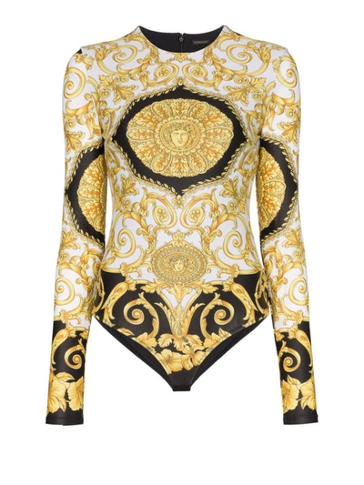 Shop Versace Gold Hibiscus Print Bodysuit