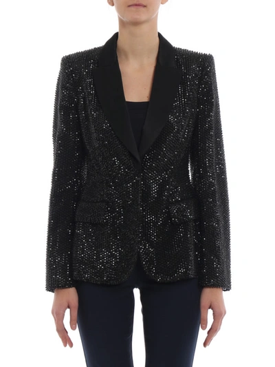 Shop Alberta Ferretti Studded Silk Blazer With Satin Lapels In Black