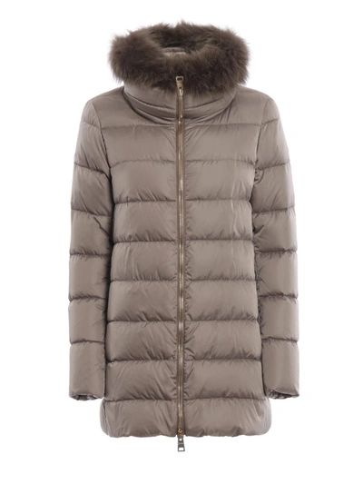 Shop Herno Fur Trim Beige Tech Taffeta Puffer Zip Coat