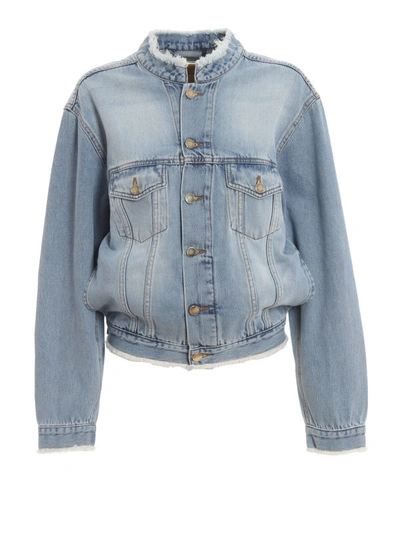 Shop Alexandre Vauthier Unfinished Hem Cotton Denim Jacket In Light Wash