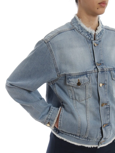 Shop Alexandre Vauthier Unfinished Hem Cotton Denim Jacket In Light Wash