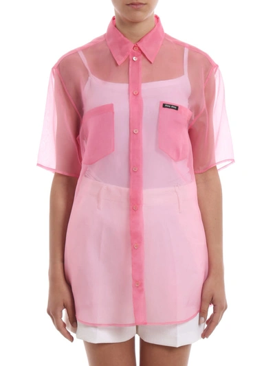 Shop Miu Miu Pink Sheer Silk Organdie Shirt