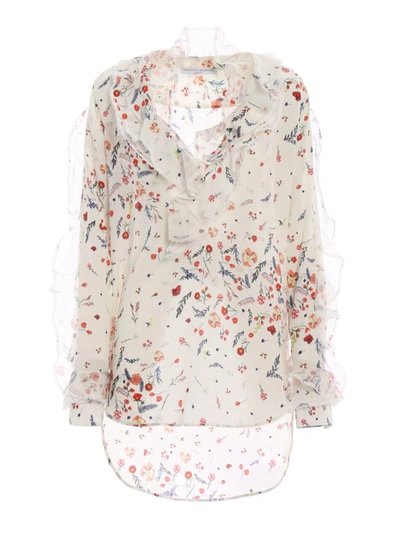 Shop Ermanno Scervino Floral Silk Blouse With Lace Frilled Inserts In White