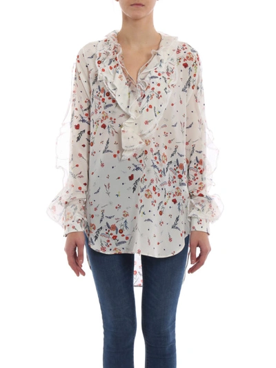 Shop Ermanno Scervino Floral Silk Blouse With Lace Frilled Inserts In White