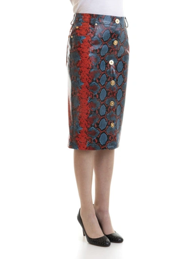 Shop Versace Python Print Leather Knee Length Skirt In Blue