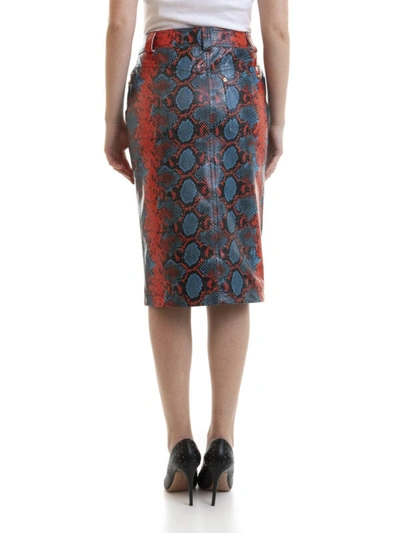 Shop Versace Python Print Leather Knee Length Skirt In Blue