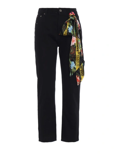 Shop Off-white Stretch Cotton Denim Crop Jeans With Belt In Black