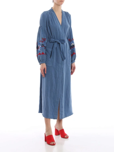 Shop Bazar Deluxe Embroidered Belted Shirt Dress In Light Wash