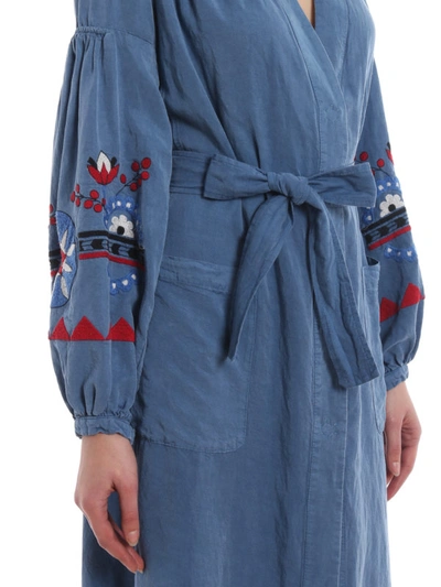 Shop Bazar Deluxe Embroidered Belted Shirt Dress In Light Wash