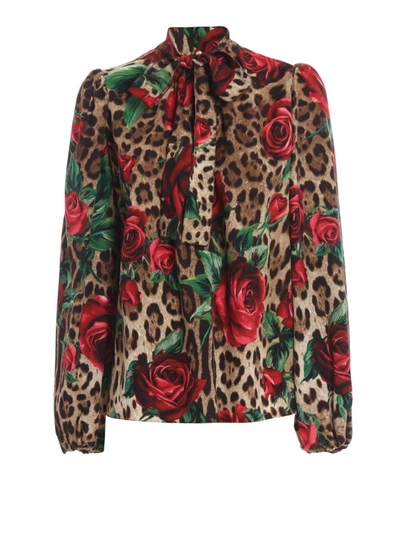 Shop Dolce & Gabbana Pussy Bow Leopard And Rose Print Silk Blouse In Animal Print