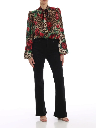 Shop Dolce & Gabbana Pussy Bow Leopard And Rose Print Silk Blouse In Animal Print