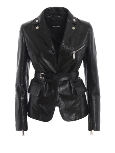 Shop Dsquared2 Black Hammered Leather Belted Jacket