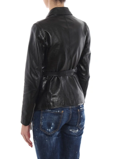 Shop Dsquared2 Black Hammered Leather Belted Jacket