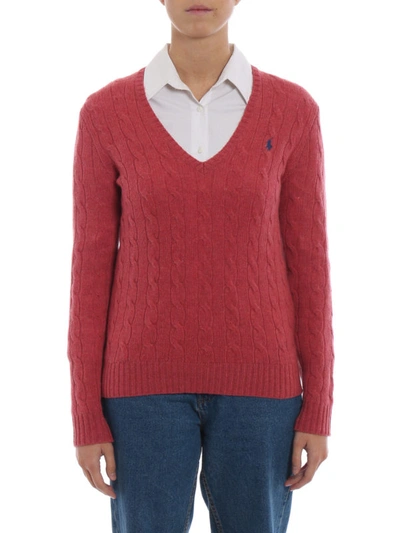Shop Polo Ralph Lauren Cable Knit Merino And Cashmere V Neck Sweater In Light Red