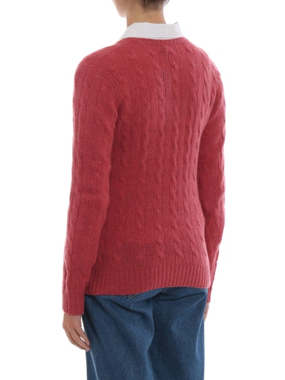 Shop Polo Ralph Lauren Cable Knit Merino And Cashmere V Neck Sweater In Light Red