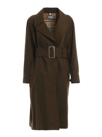Shop Burberry Camelford Coat With Maxi Belt In Dark Green