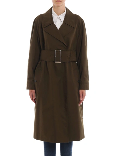 Shop Burberry Camelford Coat With Maxi Belt In Dark Green