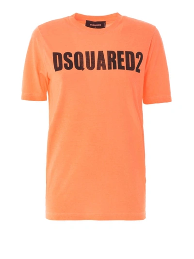 Shop Dsquared2 Logo Lettering Orange Cotton T-shirt