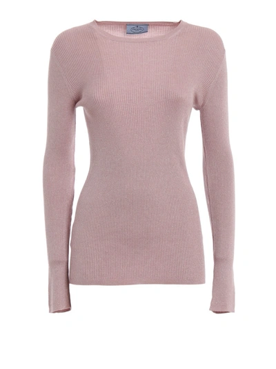 Shop Prada Glittering Wool And Silk Rib Knitted Sweater In Pink