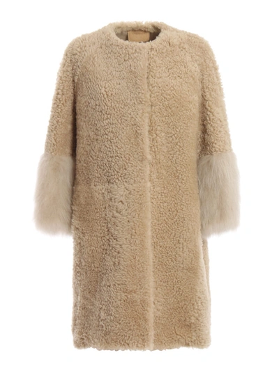 Shop Prada Fur Cuffs Shearling Coat In Beige