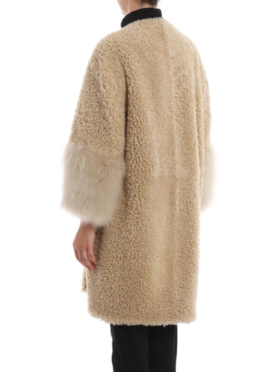 Shop Prada Fur Cuffs Shearling Coat In Beige