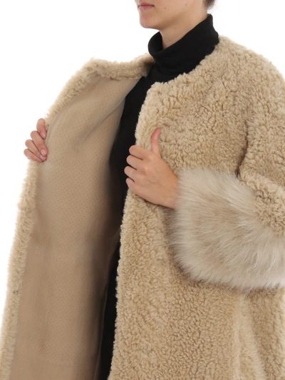 Shop Prada Fur Cuffs Shearling Coat In Beige