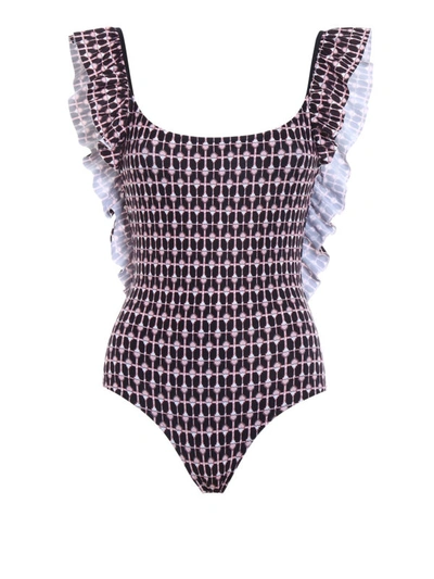 Shop Dondup Flounced One-piece Printed Swimsuit In Black