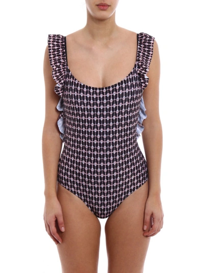 Shop Dondup Flounced One-piece Printed Swimsuit In Black