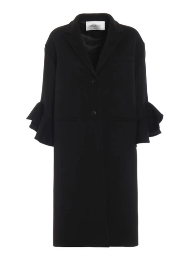 Shop Valentino Frill Sleeves Compact Drap Coat In Black