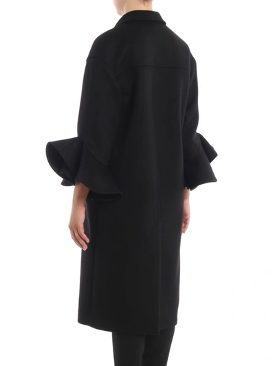 Shop Valentino Frill Sleeves Compact Drap Coat In Black
