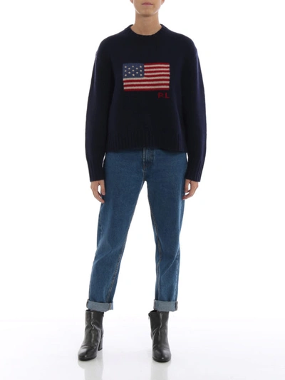 Shop Polo Ralph Lauren American Flag Intarsia Wool Boxy Sweater In Blue