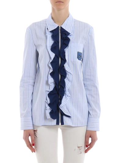 Shop Prada Striped Cotton Ruched Shirt In Light Blue