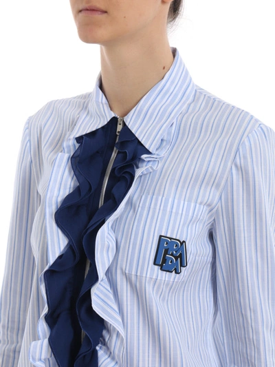 Shop Prada Striped Cotton Ruched Shirt In Light Blue