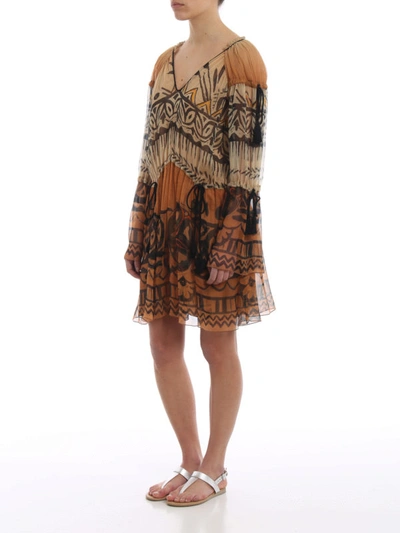 Shop Alberta Ferretti Ethnic Print Silk Tasselled Dress In Brown